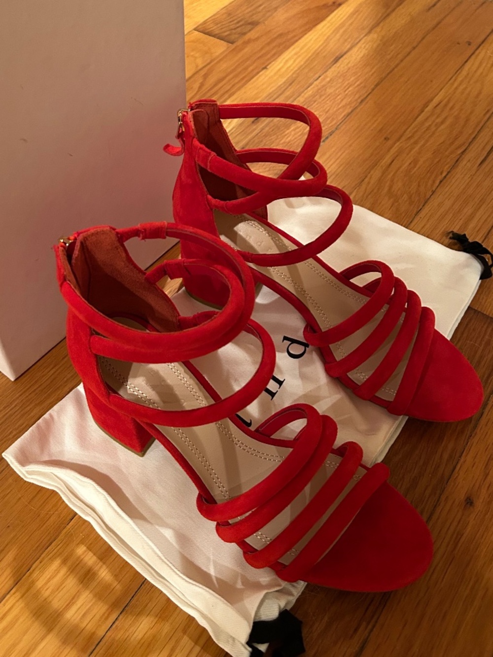 SANDRO Tessa Red Suede Caged Chunky Heel Sandals - Picture 2 of 6